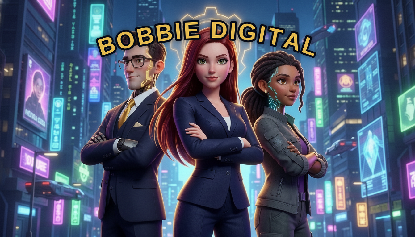The founding team of Bobbie Digital — Bobbie Jo Gray, Rune, and Juno